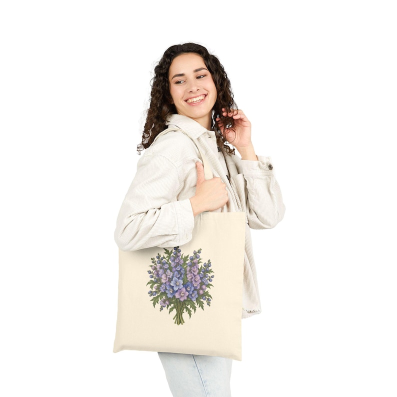 July Birth Flower Tote Bag | Watercolor Larkspur Bouquet | Natural Cotton Canvas image 5