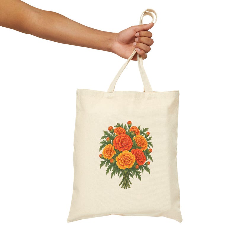October Birth Flower Tote Bag | Watercolor Marigold Bouquet | Natural Cotton Canvas image 7