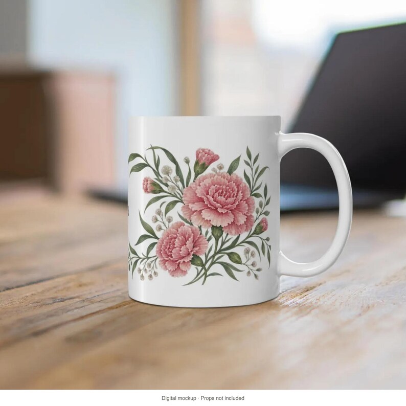 January Birth Flower Mug | Personalized Carnation Watercolor Wrap | 11oz image 12