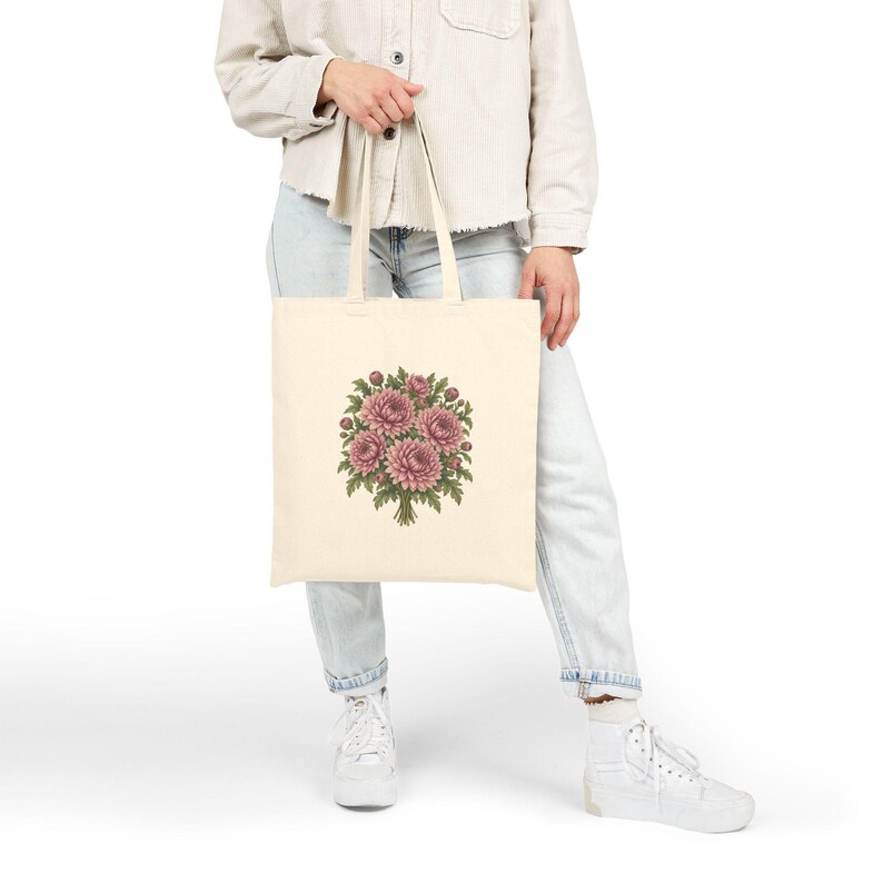 November Birth Flower Tote Bag | Watercolor Chrysanthemum Bouquet | Natural Cotton Canvas image 6