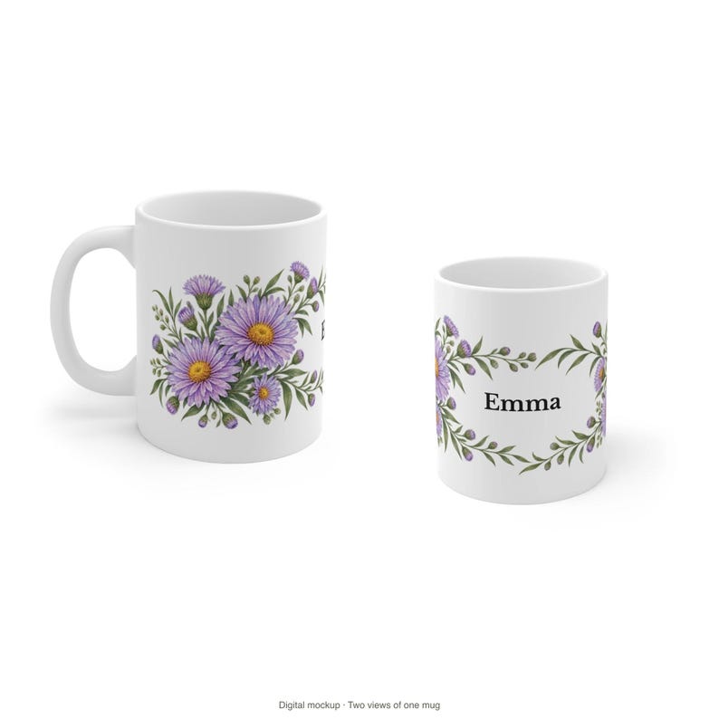 September Birth Flower Mug | Personalized Aster Watercolor Wrap | 11oz image 10