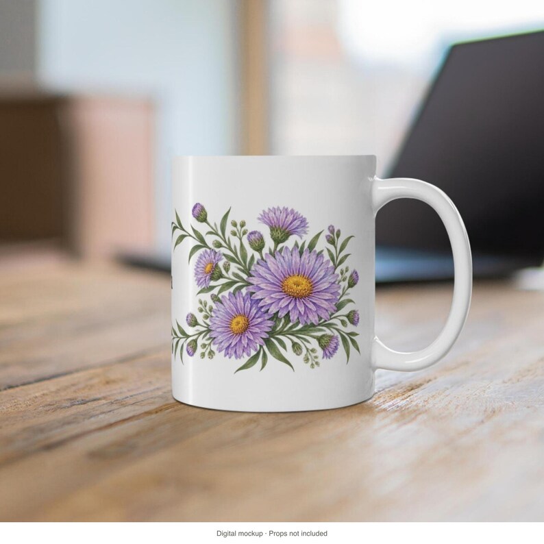 September Birth Flower Mug | Personalized Aster Watercolor Wrap | 11oz image 12
