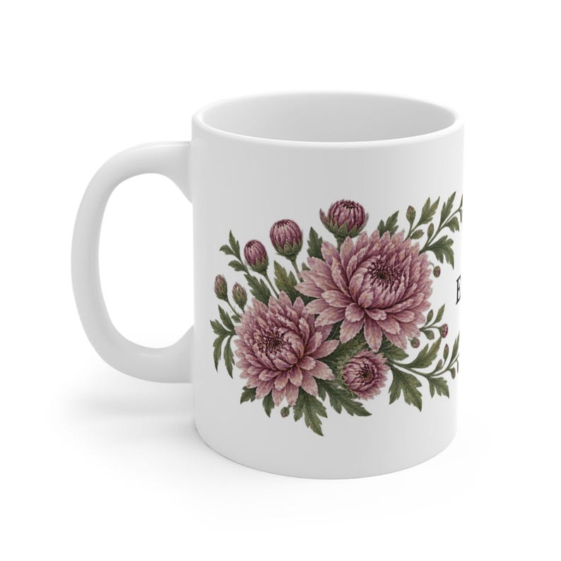 November Birth Flower Mug | Personalized Chrysanthemum Watercolor Wrap | 11oz image 1