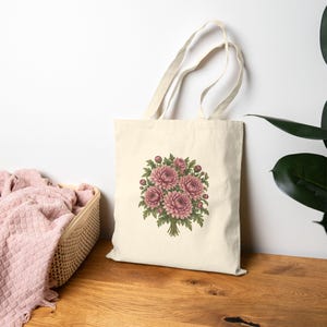 November Birth Flower Tote Bag | Watercolor Chrysanthemum Bouquet | Natural Cotton Canvas image 8
