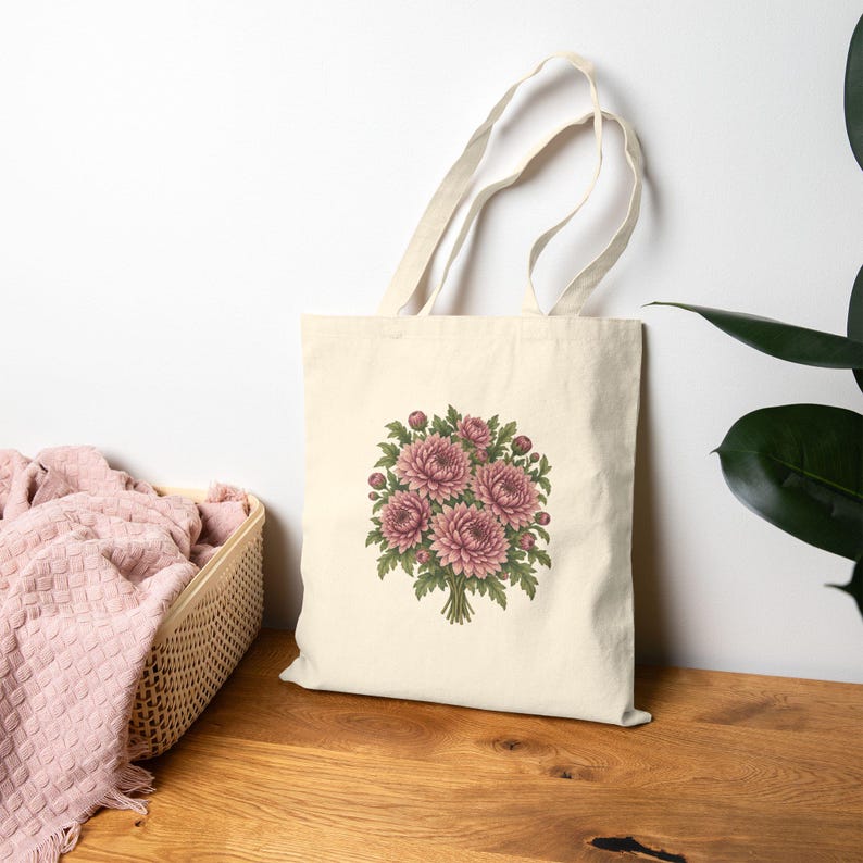 November Birth Flower Tote Bag | Watercolor Chrysanthemum Bouquet | Natural Cotton Canvas image 8