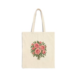 June Birth Flower Tote Bag | Watercolor Rose Bouquet | Natural Cotton Canvas image 1
