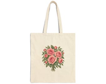 June Birth Flower Tote Bag | Watercolor Rose Bouquet | Natural Cotton Canvas