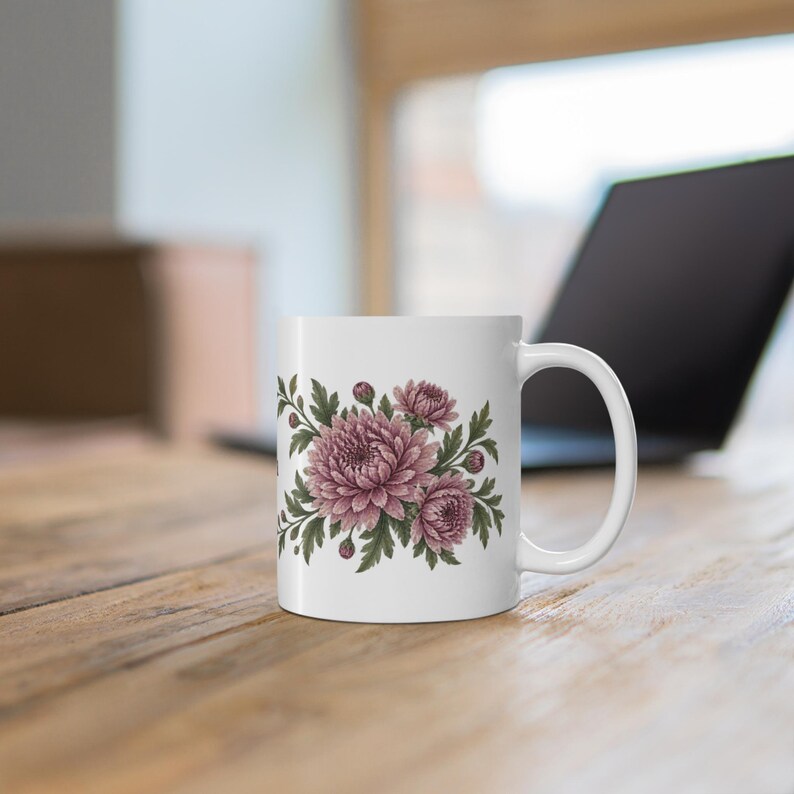 November Birth Flower Mug | Personalized Chrysanthemum Watercolor Wrap | 11oz image 6