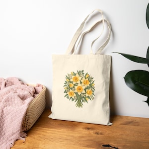 March Birth Flower Tote Bag | Watercolor Daffodil Bouquet | Natural Cotton Canvas image 8
