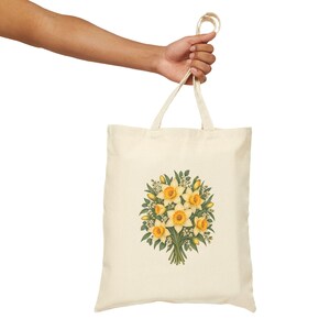 March Birth Flower Tote Bag | Watercolor Daffodil Bouquet | Natural Cotton Canvas image 7
