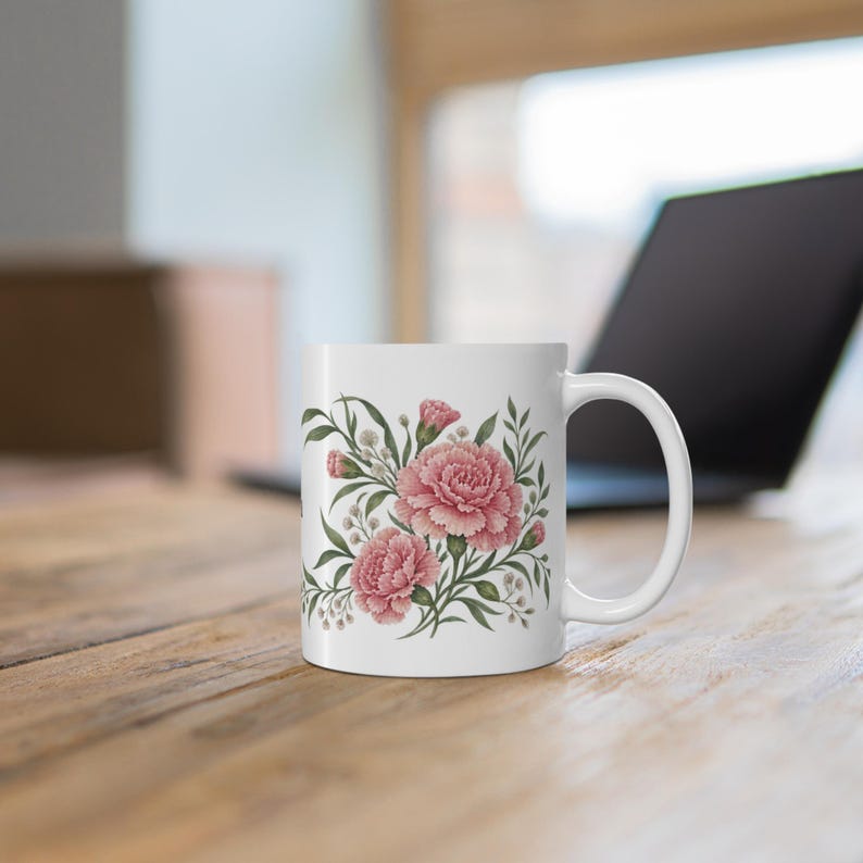 January Birth Flower Mug | Personalized Carnation Watercolor Wrap | 11oz image 6