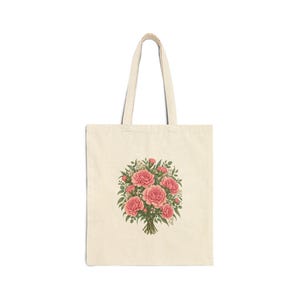 January Birth Flower Tote Bag | Watercolor Carnation Bouquet | Natural Cotton Canvas image 1