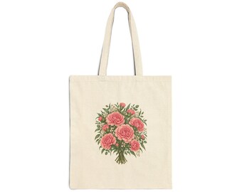 January Birth Flower Tote Bag | Watercolor Carnation Bouquet | Natural Cotton Canvas