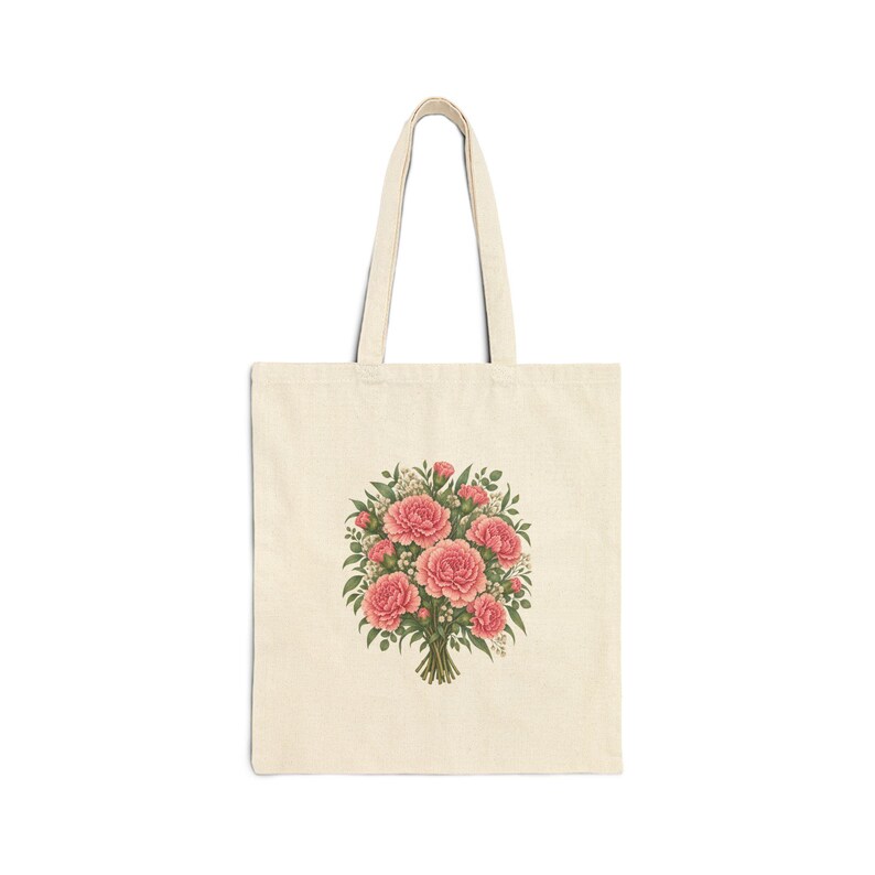 January Birth Flower Tote Bag | Watercolor Carnation Bouquet | Natural Cotton Canvas image 1