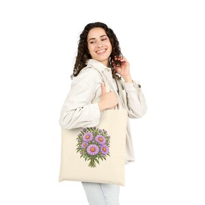 September Birth Flower Tote Bag | Watercolor Aster Bouquet | Natural Cotton Canvas image 5