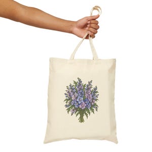 July Birth Flower Tote Bag | Watercolor Larkspur Bouquet | Natural Cotton Canvas image 7