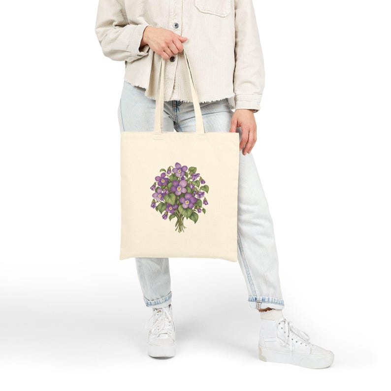 February Birth Flower Tote Bag | Watercolor Violet Bouquet | Natural Cotton Canvas image 6