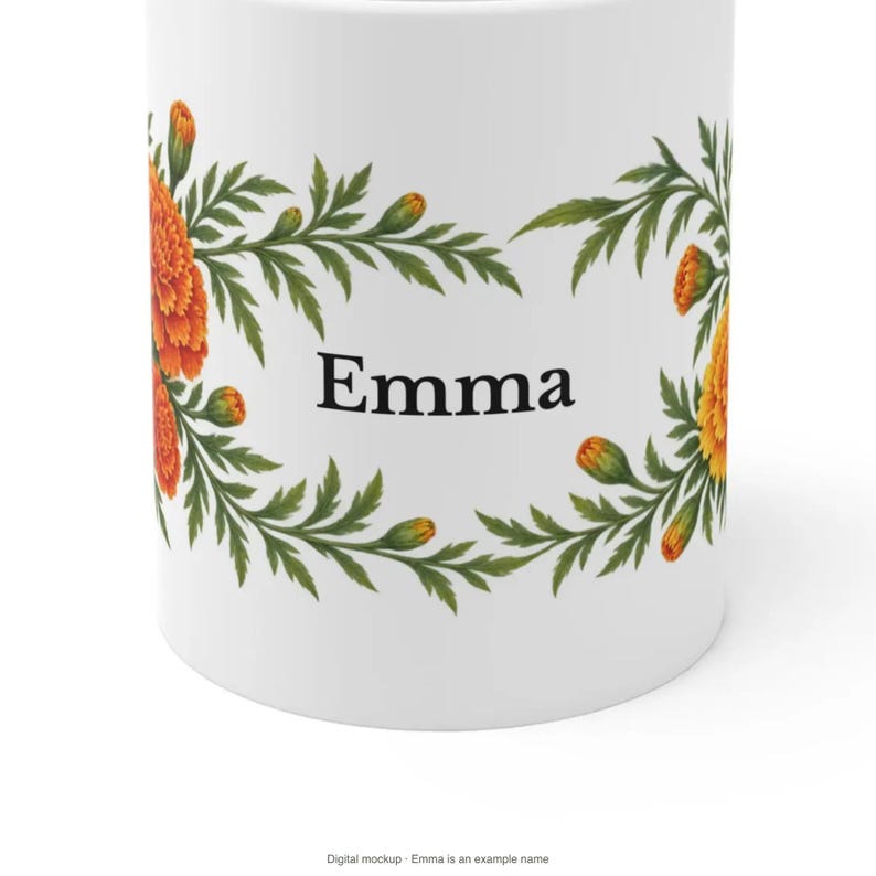 October Birth Flower Mug | Personalized Marigold Watercolor Wrap | 11oz image 8
