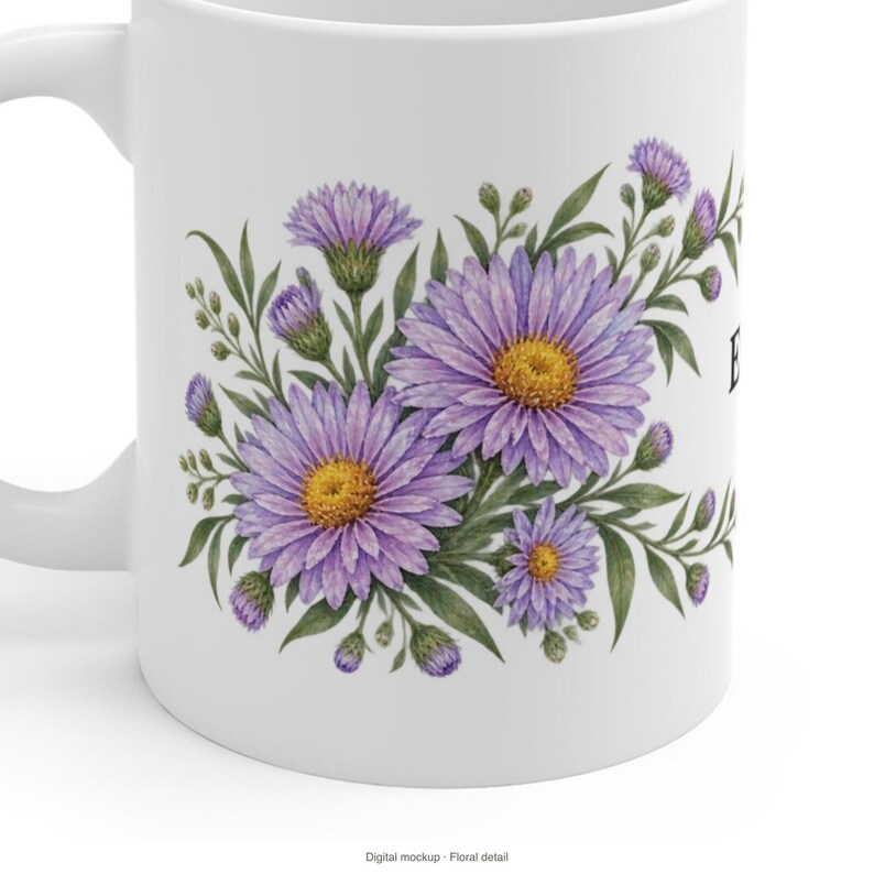 September Birth Flower Mug | Personalized Aster Watercolor Wrap | 11oz image 7