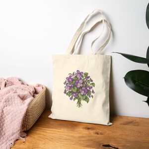 February Birth Flower Tote Bag | Watercolor Violet Bouquet | Natural Cotton Canvas image 8