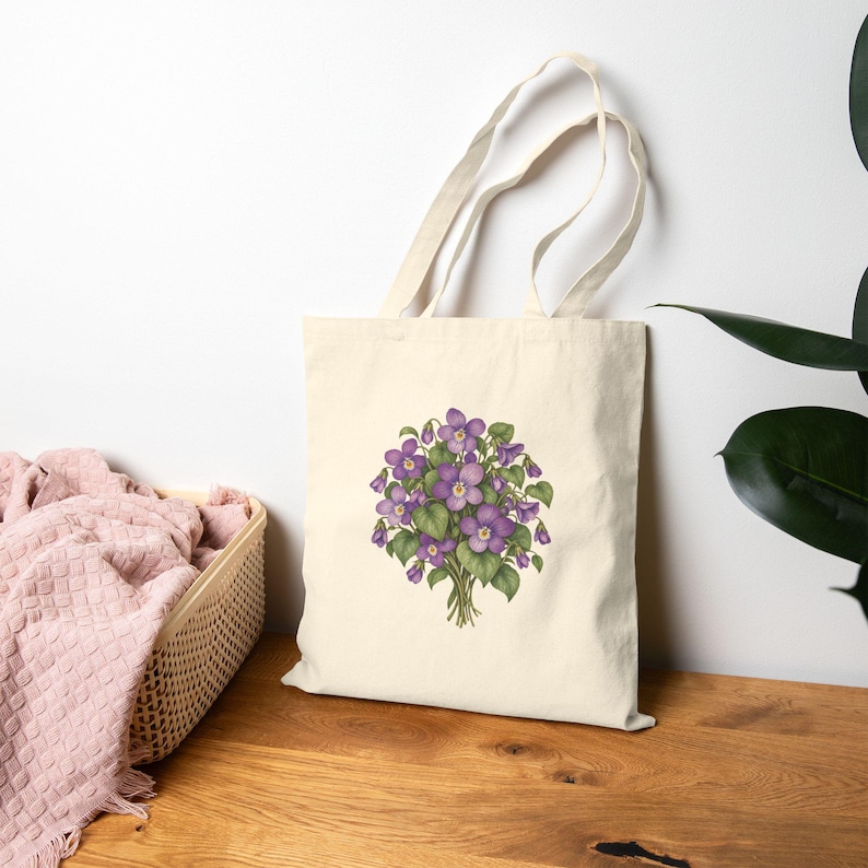 February Birth Flower Tote Bag | Watercolor Violet Bouquet | Natural Cotton Canvas image 8