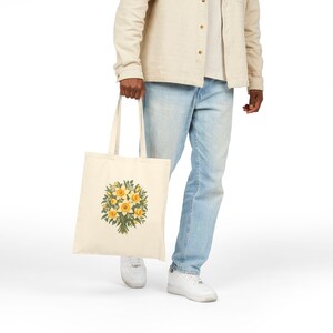 March Birth Flower Tote Bag | Watercolor Daffodil Bouquet | Natural Cotton Canvas image 4