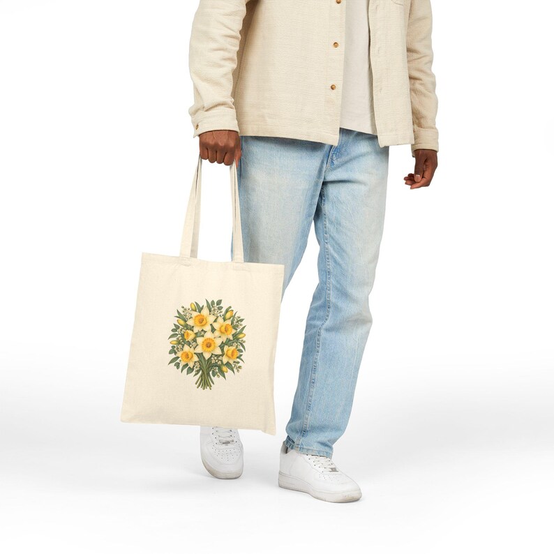 March Birth Flower Tote Bag | Watercolor Daffodil Bouquet | Natural Cotton Canvas image 4