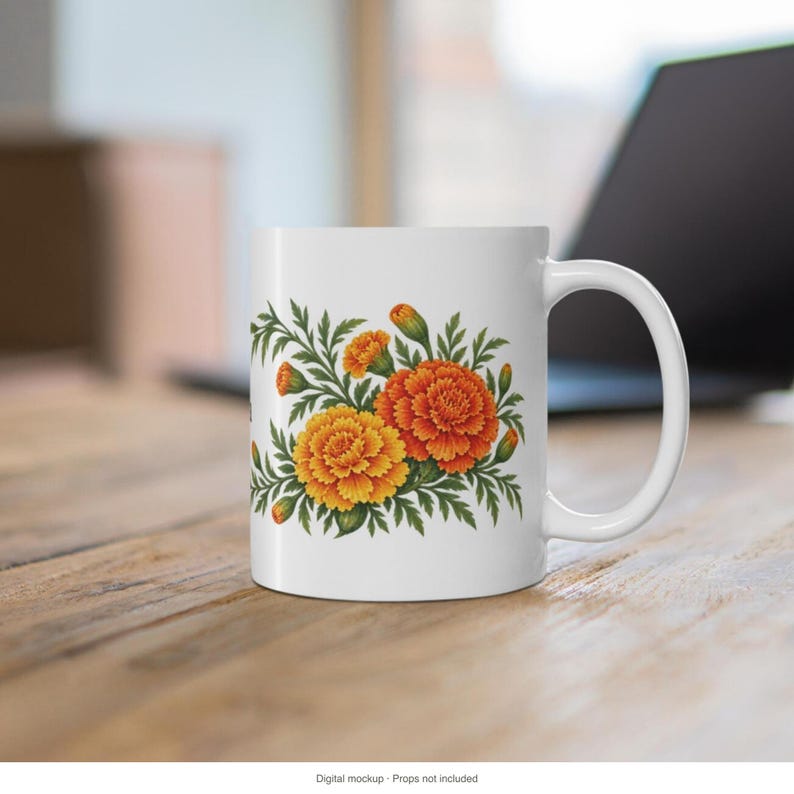 October Birth Flower Mug | Personalized Marigold Watercolor Wrap | 11oz image 12
