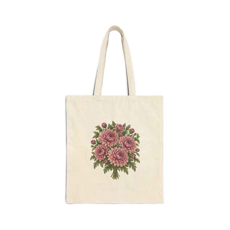 November Birth Flower Tote Bag | Watercolor Chrysanthemum Bouquet | Natural Cotton Canvas image 1