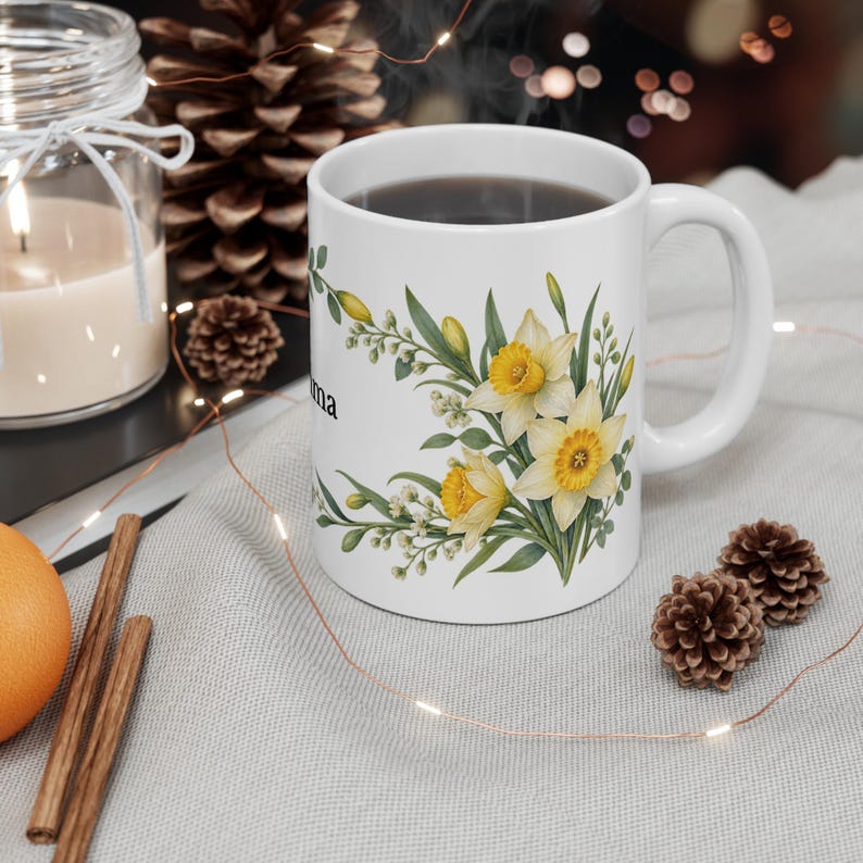 March Birth Flower Mug | Personalized Daffodil Watercolor Wrap | 11oz image 4