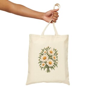 April Birth Flower Tote Bag | Watercolor Daisy Bouquet | Natural Cotton Canvas image 7