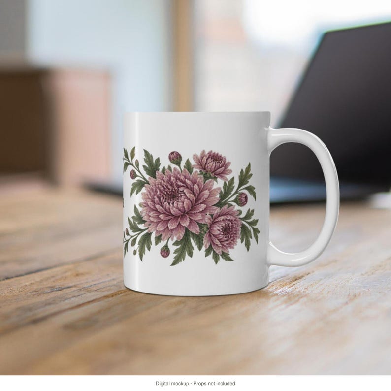 November Birth Flower Mug | Personalized Chrysanthemum Watercolor Wrap | 11oz image 12