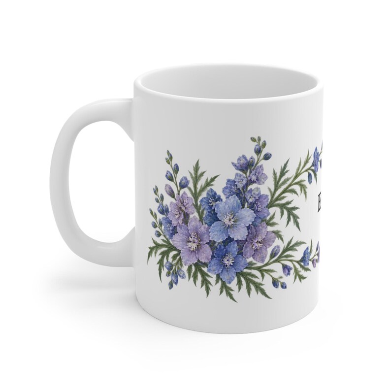 July Birth Flower Mug | Personalized Larkspur Watercolor Wrap | 11oz image 1