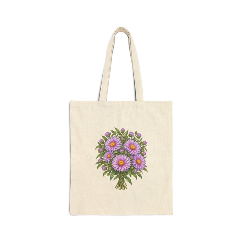 September Birth Flower Tote Bag | Watercolor Aster Bouquet | Natural Cotton Canvas image 1