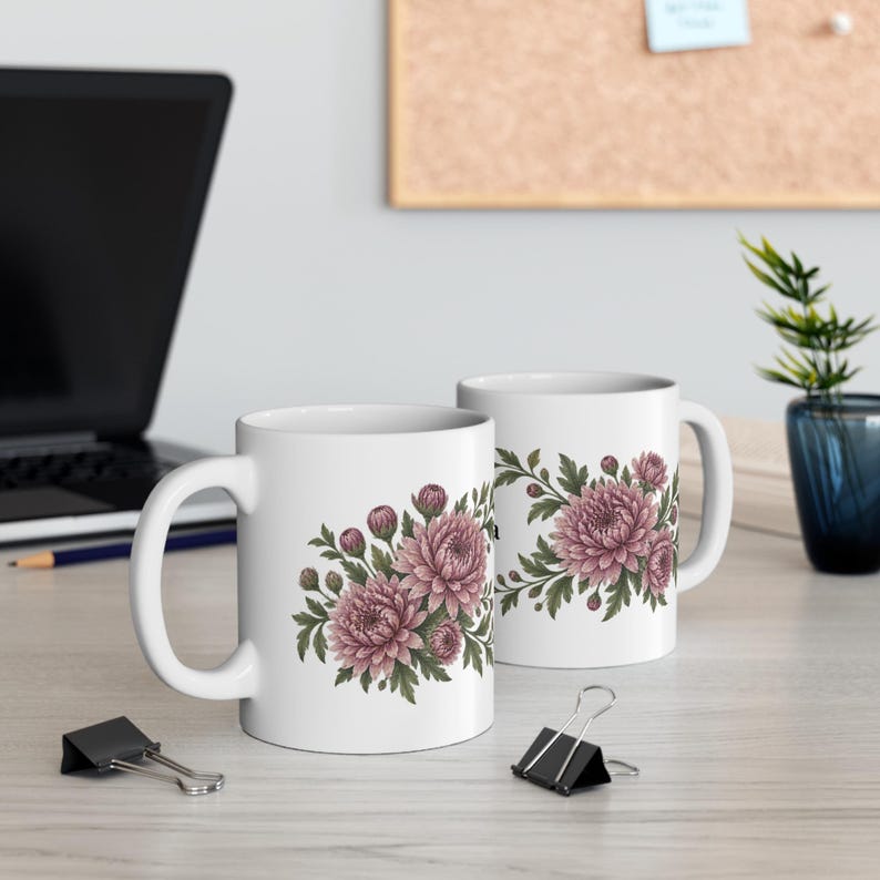 November Birth Flower Mug | Personalized Chrysanthemum Watercolor Wrap | 11oz image 5