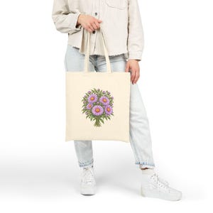 September Birth Flower Tote Bag | Watercolor Aster Bouquet | Natural Cotton Canvas image 6