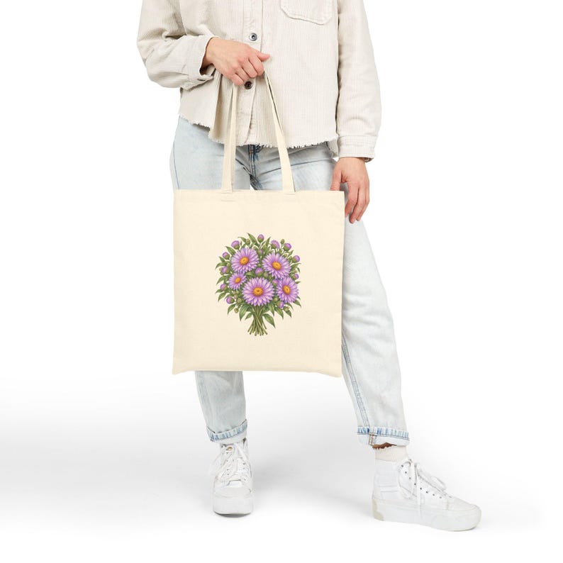September Birth Flower Tote Bag | Watercolor Aster Bouquet | Natural Cotton Canvas image 6