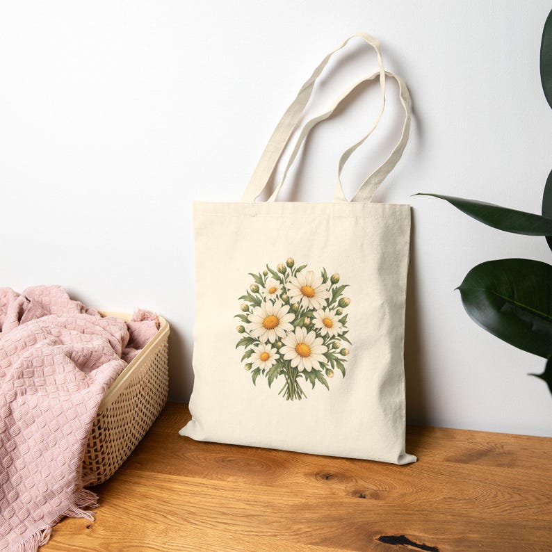 April Birth Flower Tote Bag | Watercolor Daisy Bouquet | Natural Cotton Canvas image 8