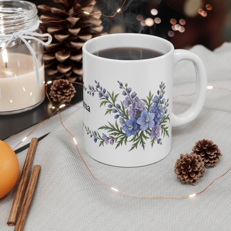 July Birth Flower Mug | Personalized Larkspur Watercolor Wrap | 11oz image 4