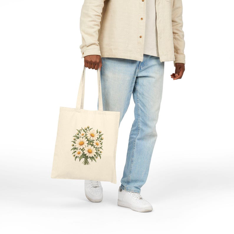 April Birth Flower Tote Bag | Watercolor Daisy Bouquet | Natural Cotton Canvas image 4