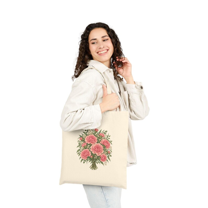 January Birth Flower Tote Bag | Watercolor Carnation Bouquet | Natural Cotton Canvas image 5