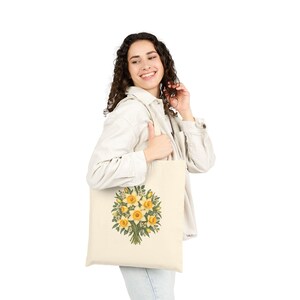 March Birth Flower Tote Bag | Watercolor Daffodil Bouquet | Natural Cotton Canvas image 5