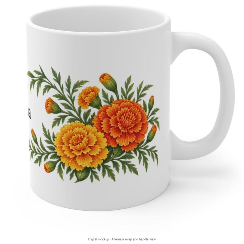 October Birth Flower Mug | Personalized Marigold Watercolor Wrap | 11oz image 9
