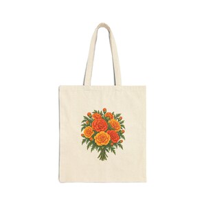 October Birth Flower Tote Bag | Watercolor Marigold Bouquet | Natural Cotton Canvas image 1