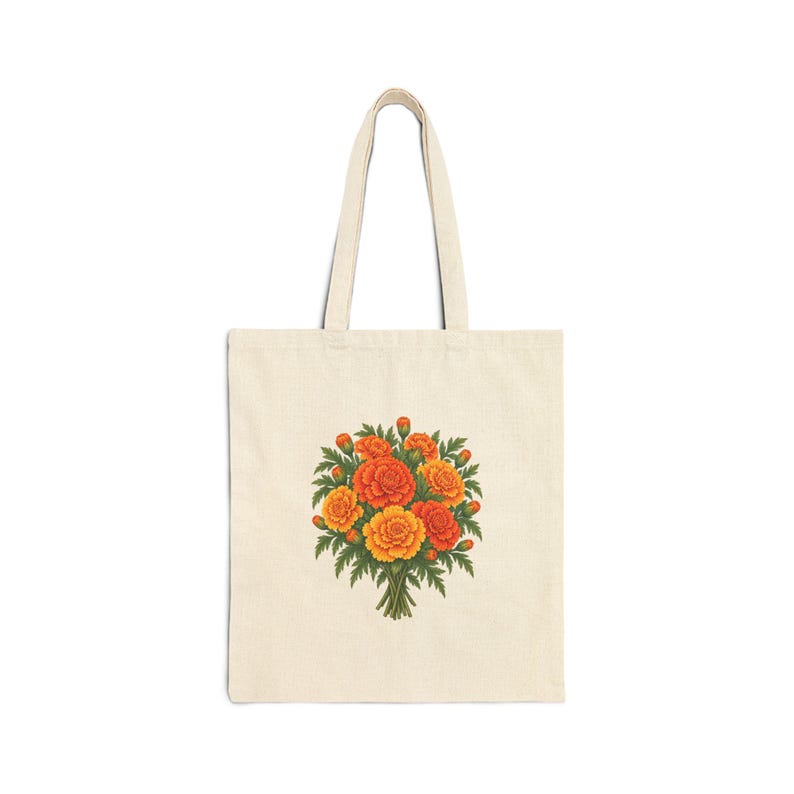 October Birth Flower Tote Bag | Watercolor Marigold Bouquet | Natural Cotton Canvas image 1