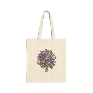 February Birth Flower Tote Bag | Watercolor Violet Bouquet | Natural Cotton Canvas image 1