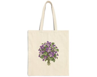 February Birth Flower Tote Bag | Watercolor Violet Bouquet | Natural Cotton Canvas