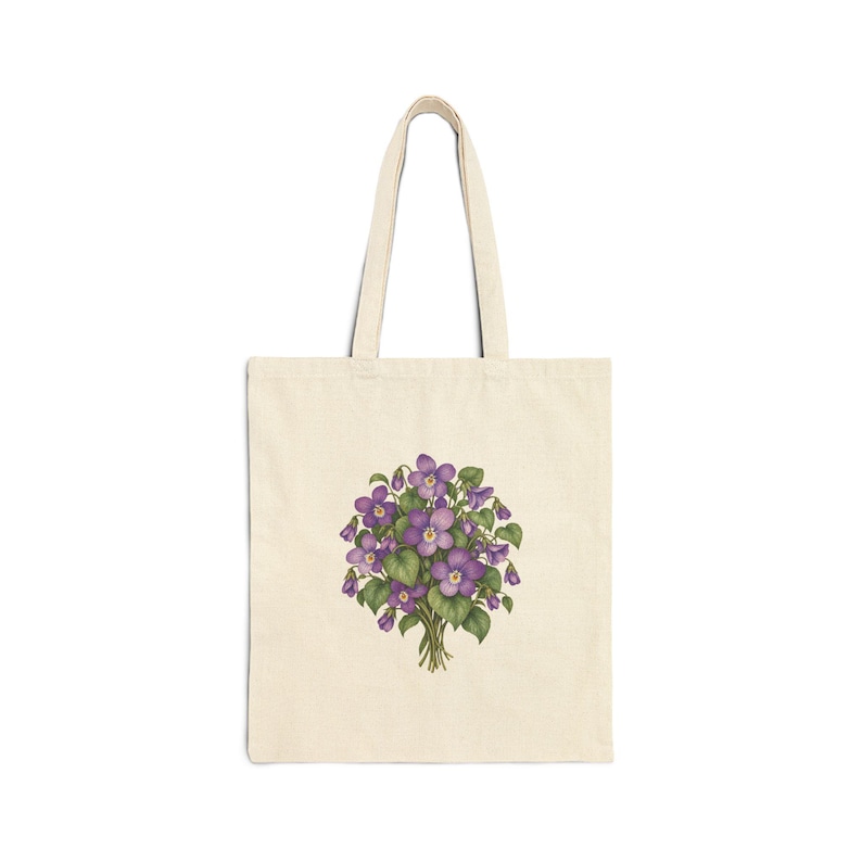 February Birth Flower Tote Bag | Watercolor Violet Bouquet | Natural Cotton Canvas image 1