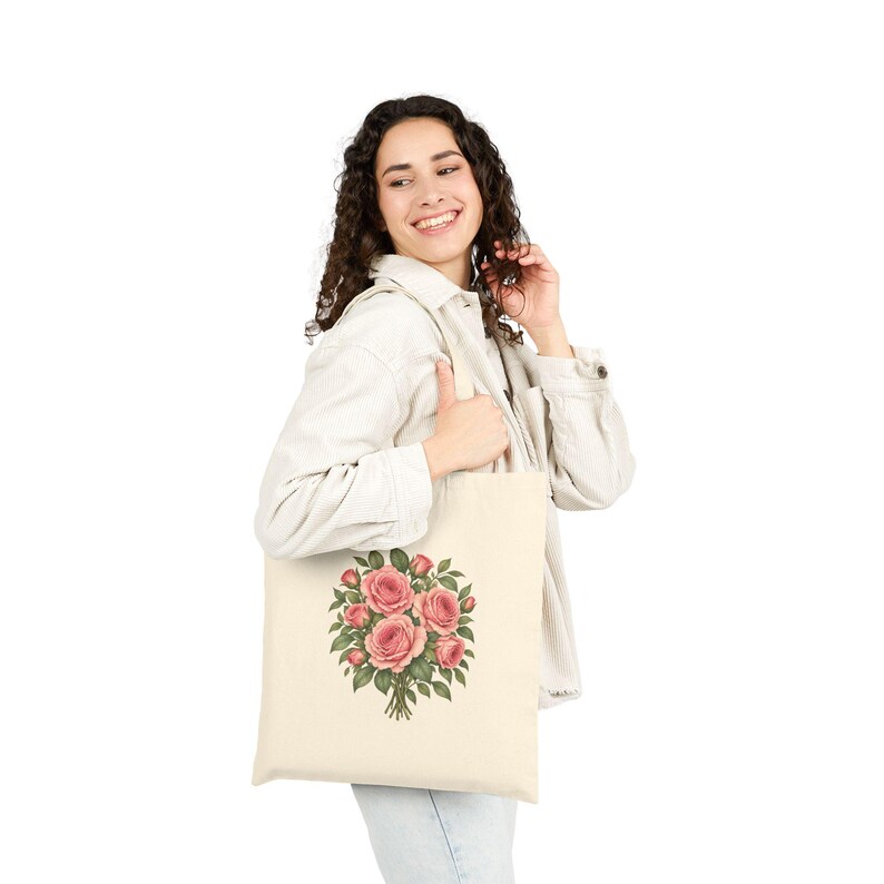 June Birth Flower Tote Bag | Watercolor Rose Bouquet | Natural Cotton Canvas image 5