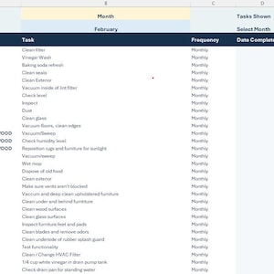 May include: A digital spreadsheet titled View Mode, Month, Tasks Shown, and View Status, displaying a list of household maintenance tasks for February. Columns include Appliance, Task, Frequency, and Date Completed, with 50 tasks shown.